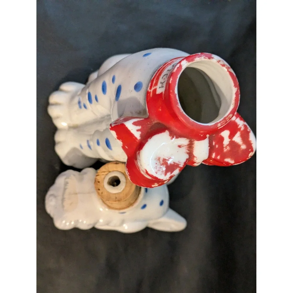 Blue Spotted Dog Scotch Ceramic Decanter Figurine‎ Red Bow Stopper 8.5 In